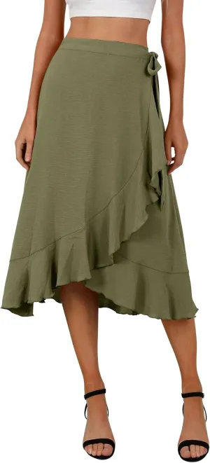 Women's Elegant Ruffle Wrap Asymmetrical Tie High Waist Long Skirt A-line Casual Loose Draped Flowy Skirts