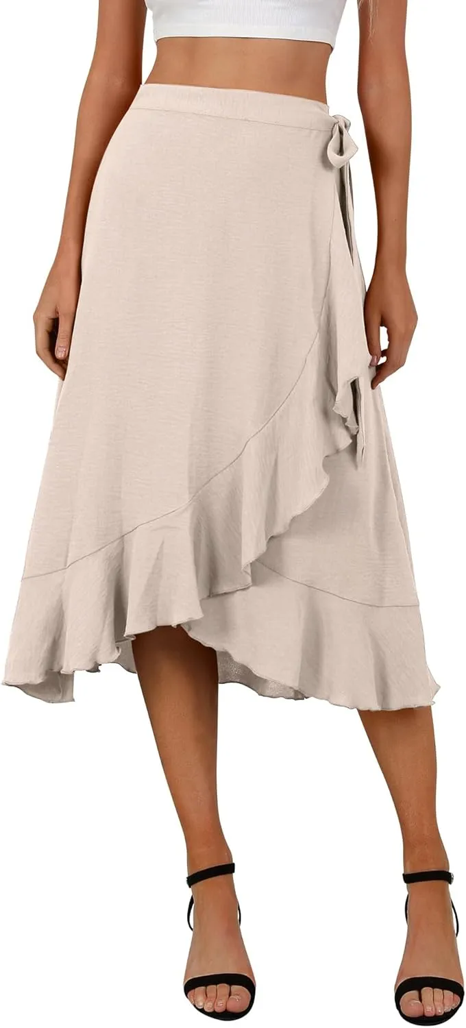 Women's Elegant Ruffle Wrap Asymmetrical Tie High Waist Long Skirt A-line Casual Loose Draped Flowy Skirts