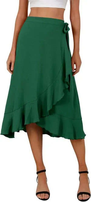 Women's Elegant Ruffle Wrap Asymmetrical Tie High Waist Long Skirt A-line Casual Loose Draped Flowy Skirts
