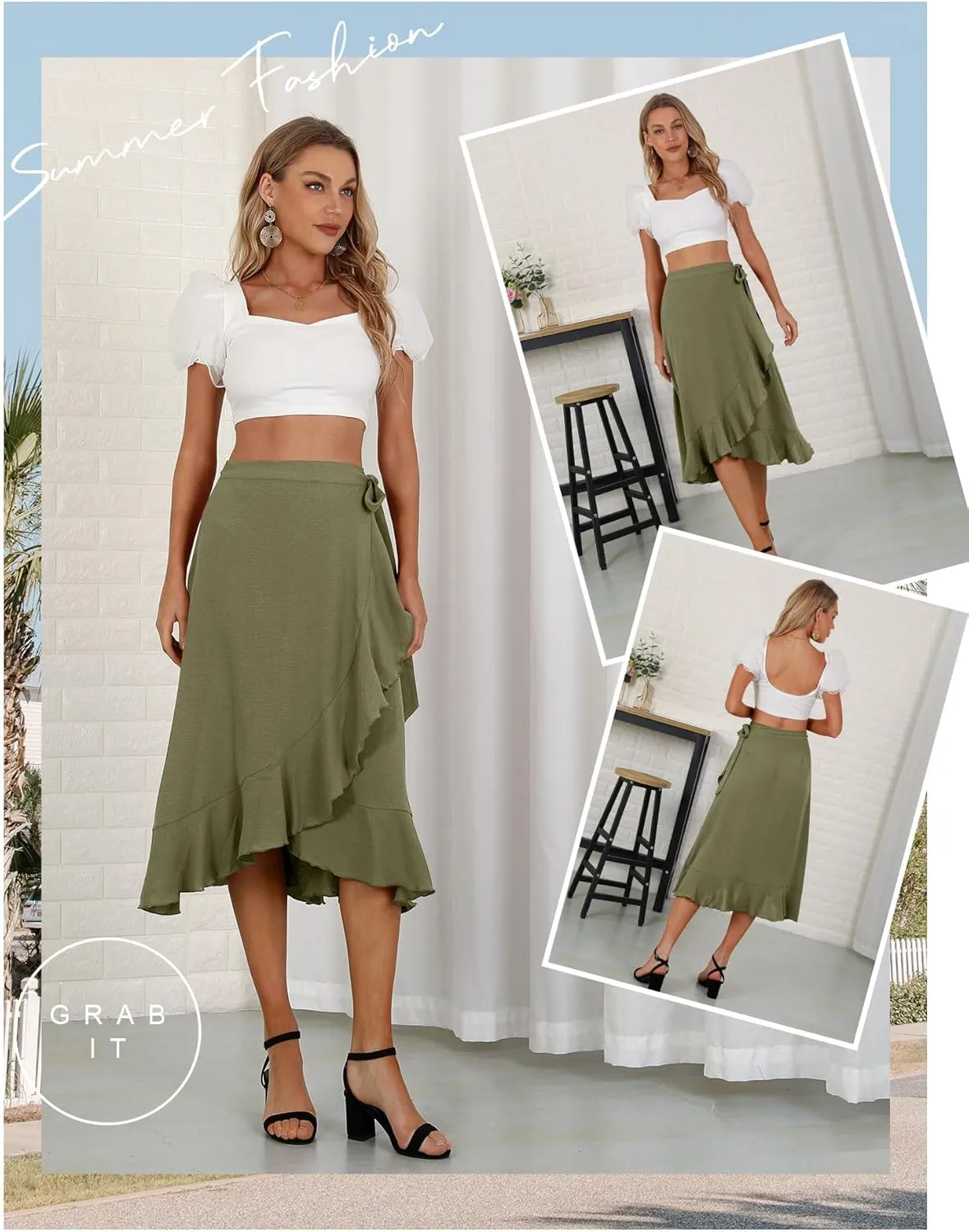 Women's Elegant Ruffle Wrap Asymmetrical Tie High Waist Long Skirt A-line Casual Loose Draped Flowy Skirts
