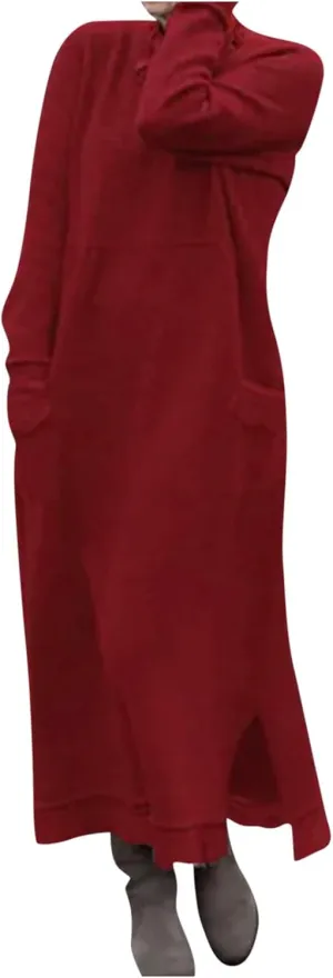 Womens Fall Casual Sweatshirt Dresses Long Sleeve Split Hem Maxi Dresses Loose Fit Ankle Length Dresses with Pockets