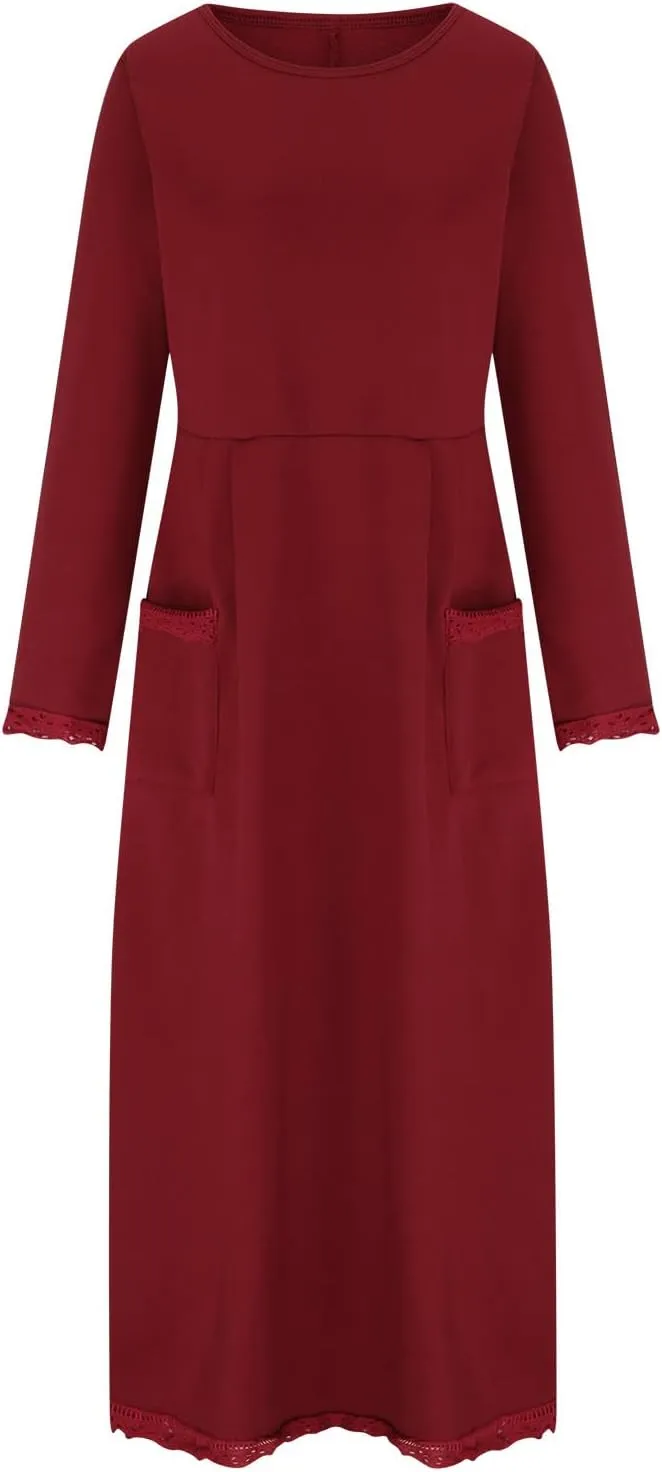 Womens Fall Casual Sweatshirt Dresses Long Sleeve Split Hem Maxi Dresses Loose Fit Ankle Length Dresses with Pockets
