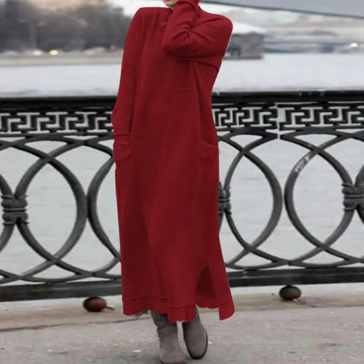 Womens Fall Casual Sweatshirt Dresses Long Sleeve Split Hem Maxi Dresses Loose Fit Ankle Length Dresses with Pockets