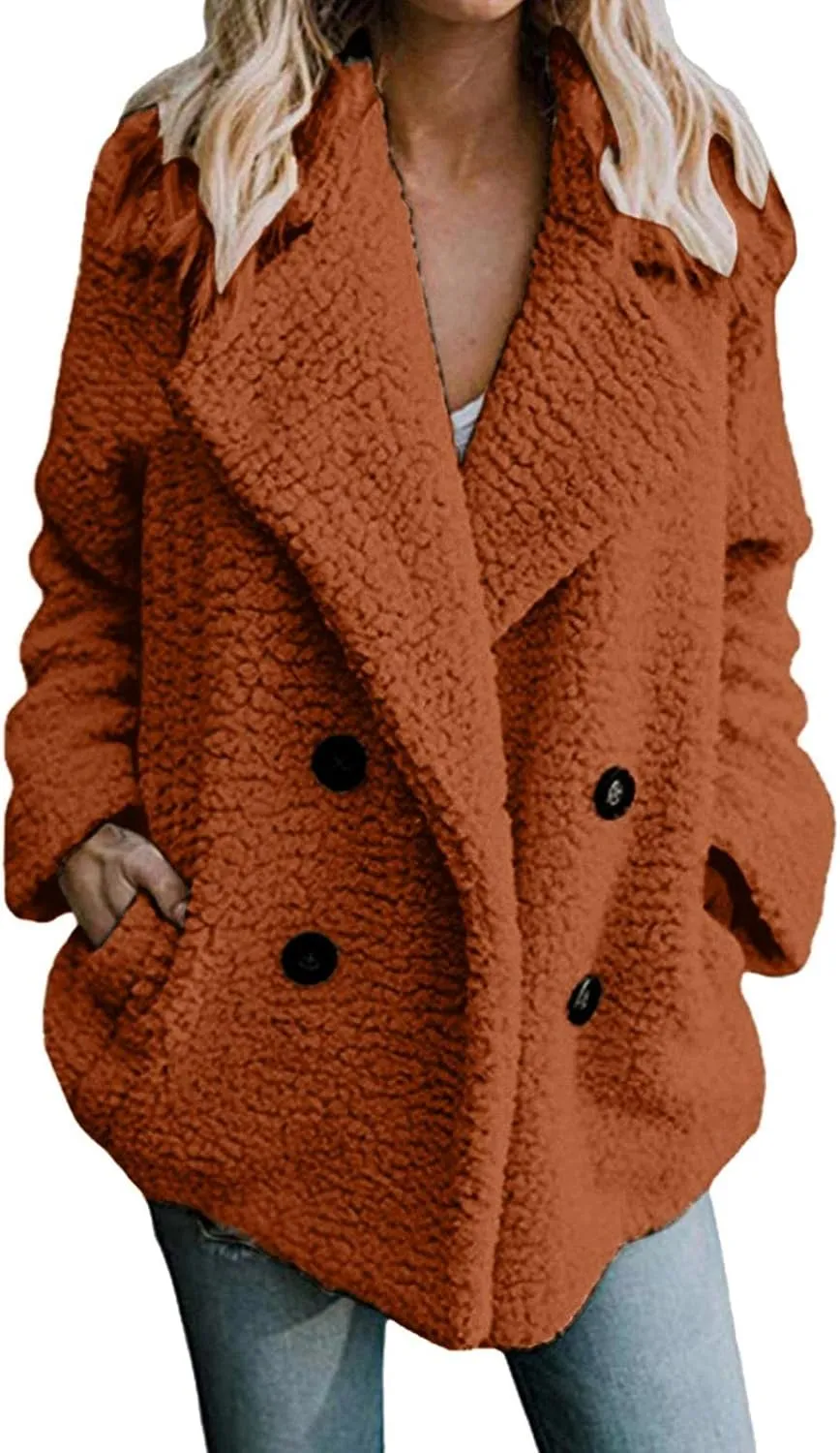 Womens Fashion Long Sleeve Lapel Zip Up Faux Shearling Shaggy Oversized Trench Coat Cozy Slouch Fleece Jacket Warm Winter