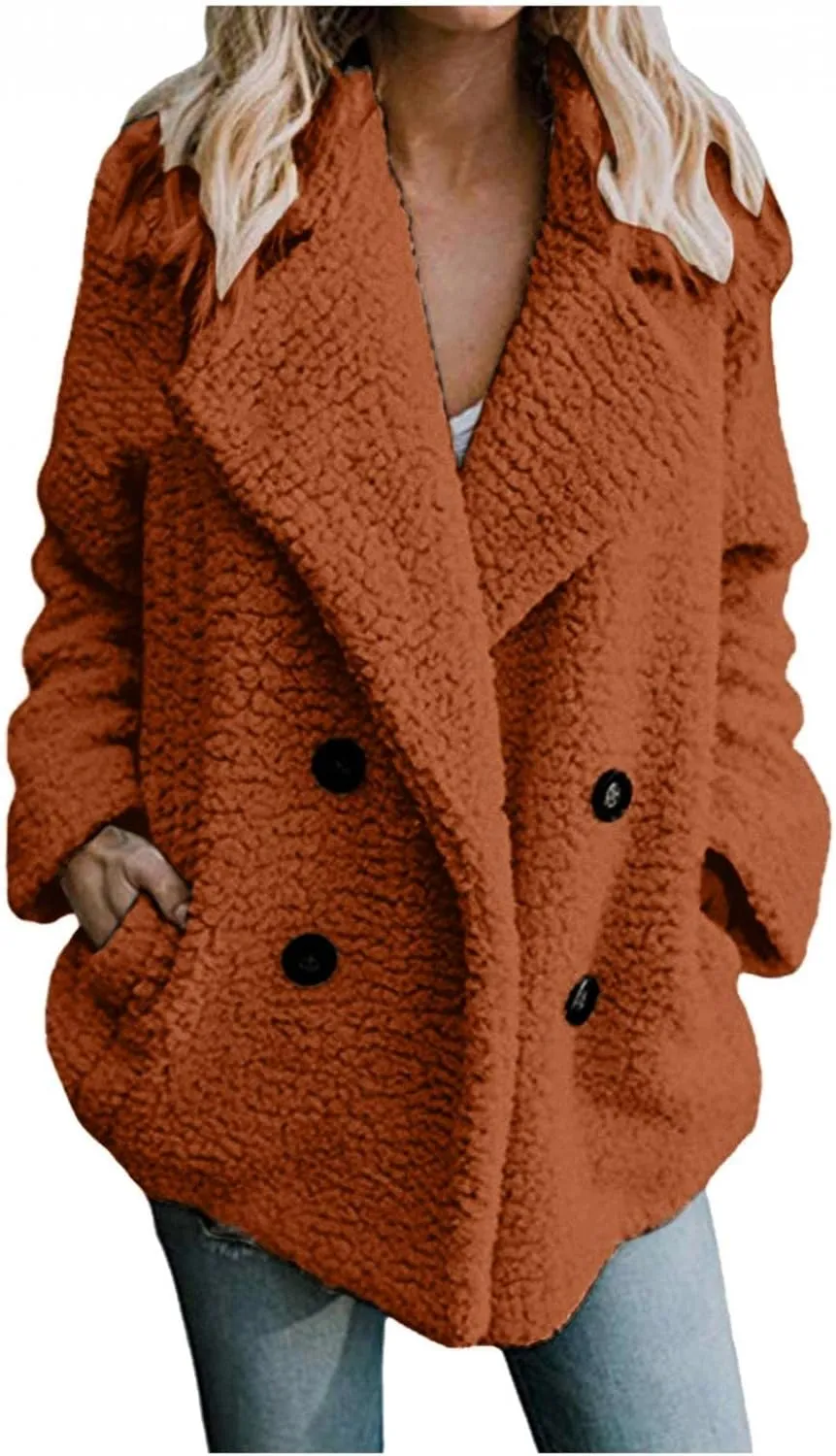 Womens Fashion Long Sleeve Lapel Zip Up Faux Shearling Shaggy Oversized Trench Coat Cozy Slouch Fleece Jacket Warm Winter