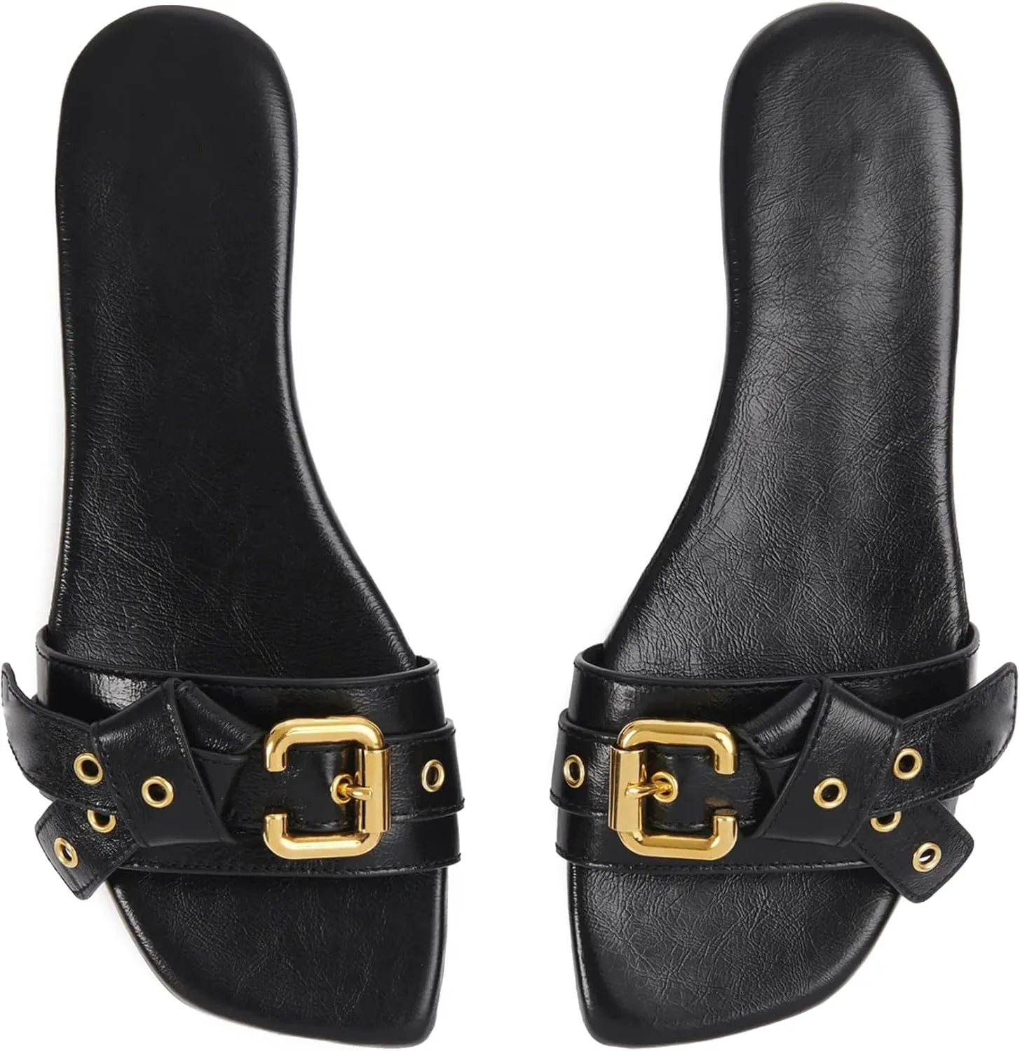 Women's Flat Sandals Square Toe Slip On Slippers Comfort Summer Beach Slide Sandals Fashion Wide Metal Buckle Sandal Flats For Women