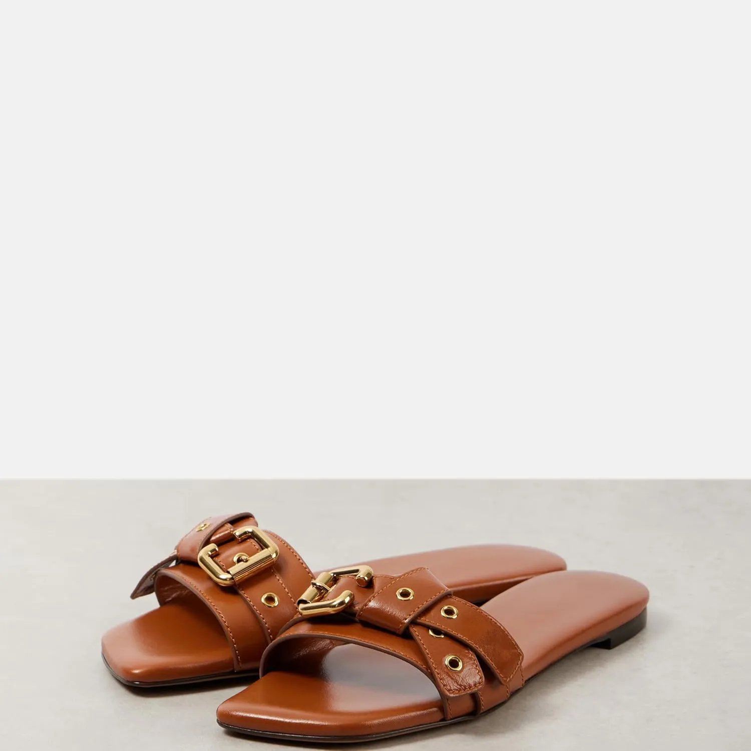 Women's Flat Sandals Square Toe Slip On Slippers Comfort Summer Beach Slide Sandals Fashion Wide Metal Buckle Sandal Flats For Women