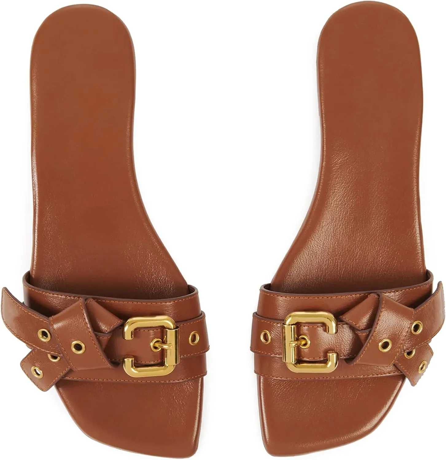 Women's Flat Sandals Square Toe Slip On Slippers Comfort Summer Beach Slide Sandals Fashion Wide Metal Buckle Sandal Flats For Women