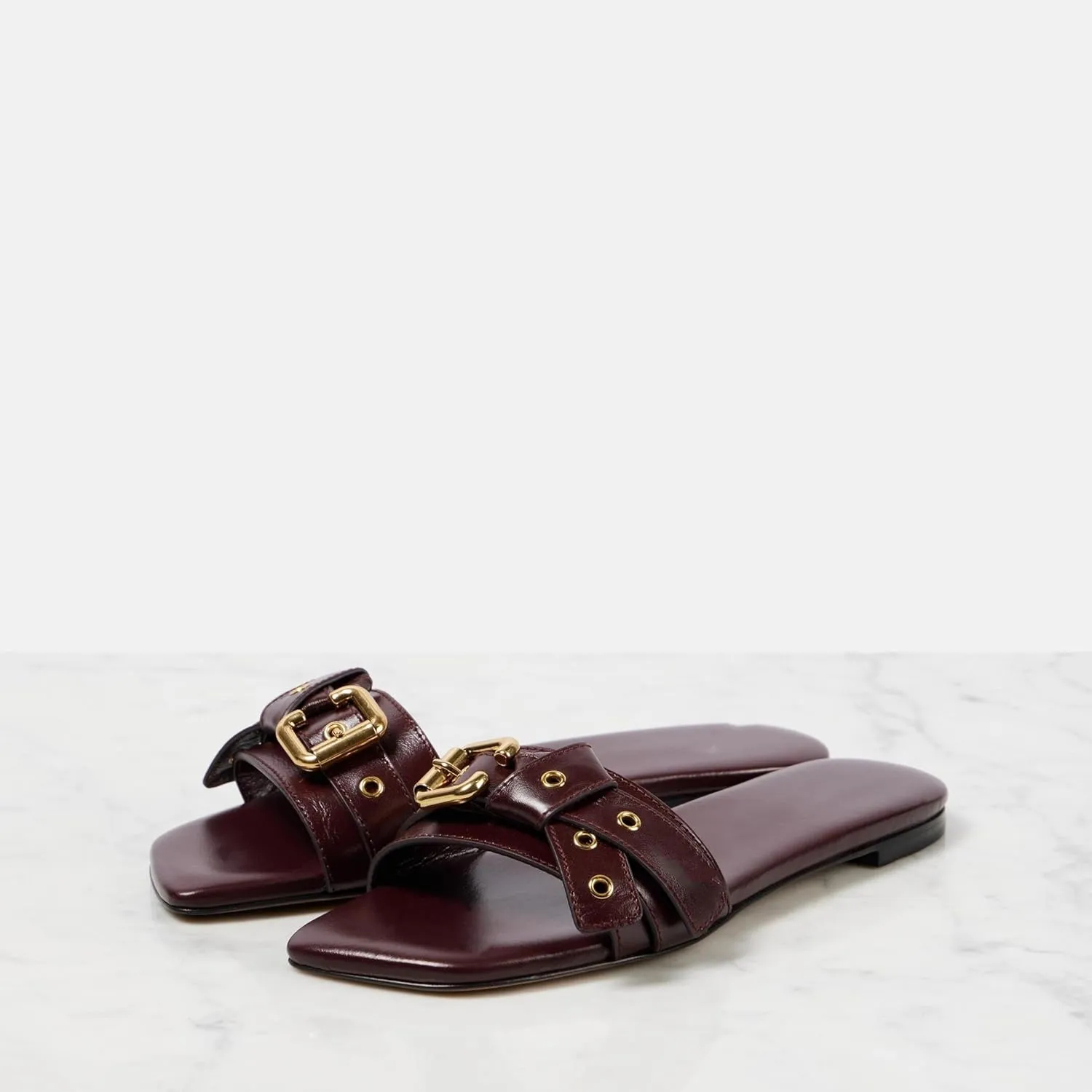 Women's Flat Sandals Square Toe Slip On Slippers Comfort Summer Beach Slide Sandals Fashion Wide Metal Buckle Sandal Flats For Women