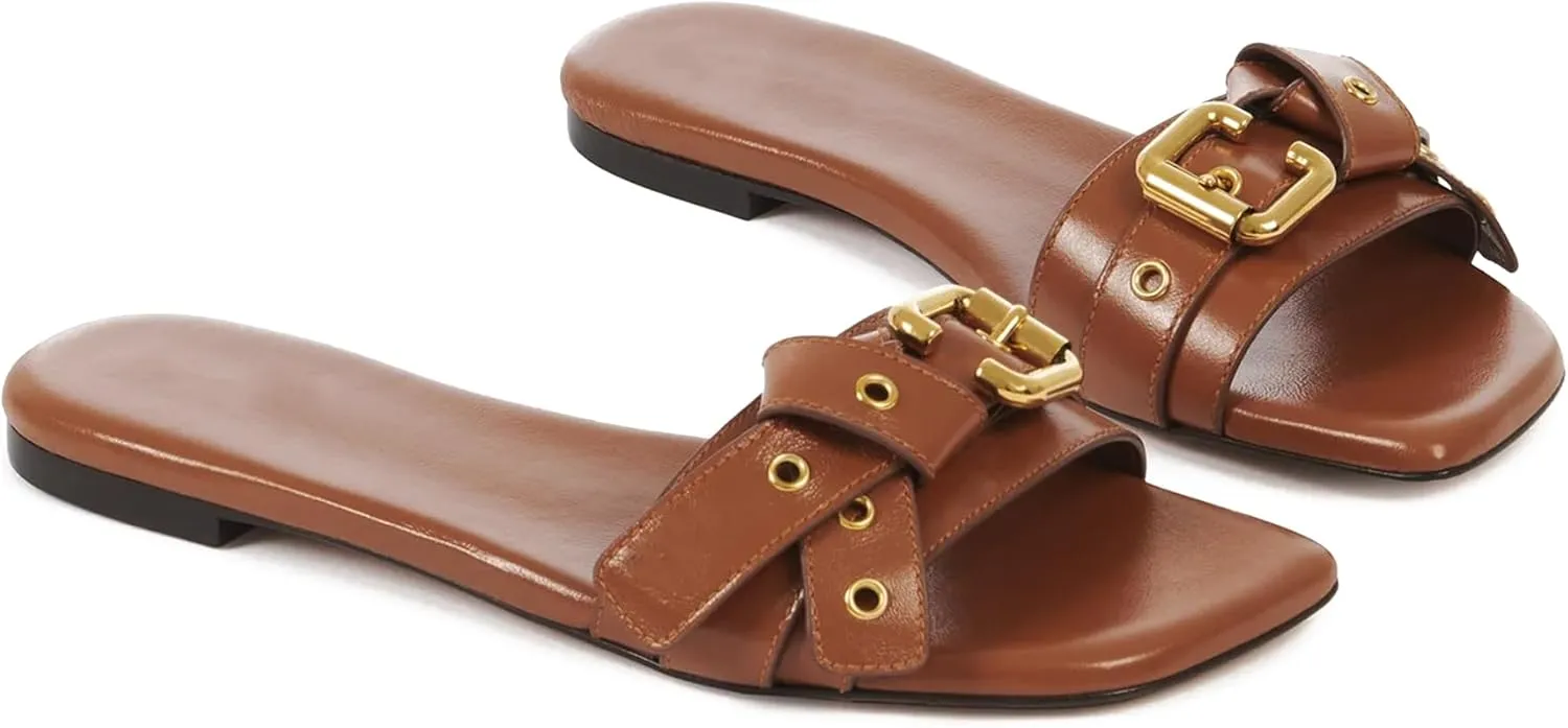 Women's Flat Sandals Square Toe Slip On Slippers Comfort Summer Beach Slide Sandals Fashion Wide Metal Buckle Sandal Flats For Women