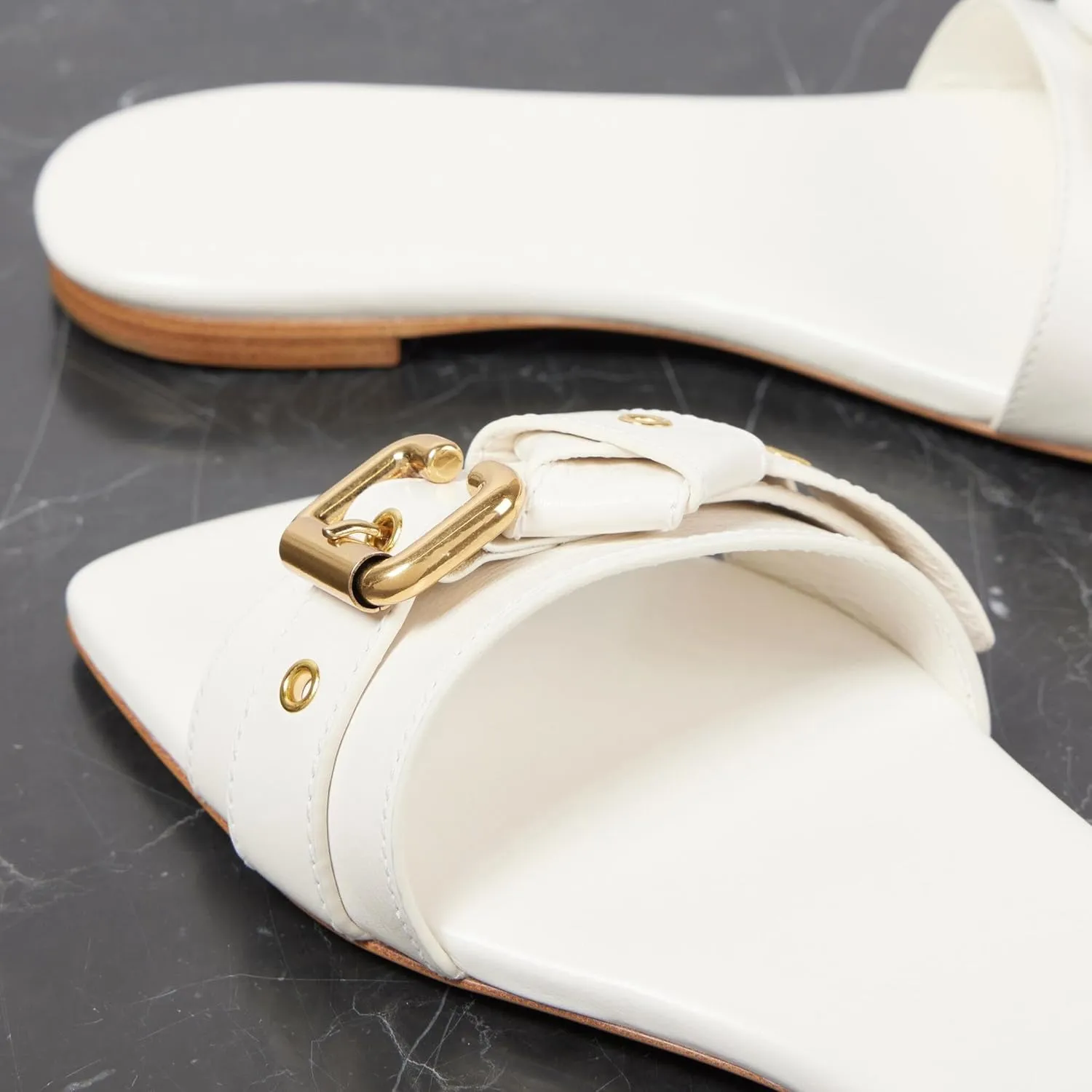 Women's Flat Sandals Square Toe Slip On Slippers Comfort Summer Beach Slide Sandals Fashion Wide Metal Buckle Sandal Flats For Women