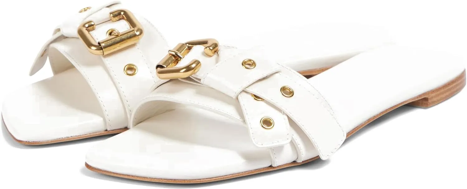 Women's Flat Sandals Square Toe Slip On Slippers Comfort Summer Beach Slide Sandals Fashion Wide Metal Buckle Sandal Flats For Women
