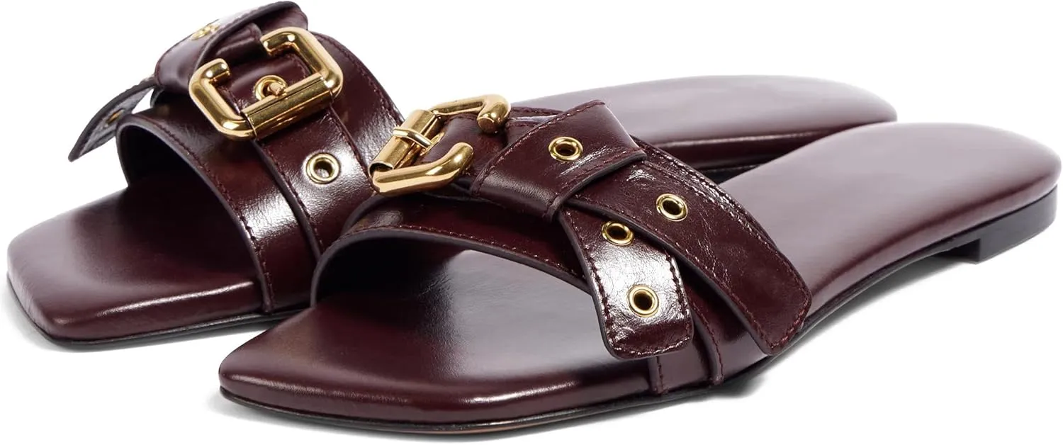 Women's Flat Sandals Square Toe Slip On Slippers Comfort Summer Beach Slide Sandals Fashion Wide Metal Buckle Sandal Flats For Women