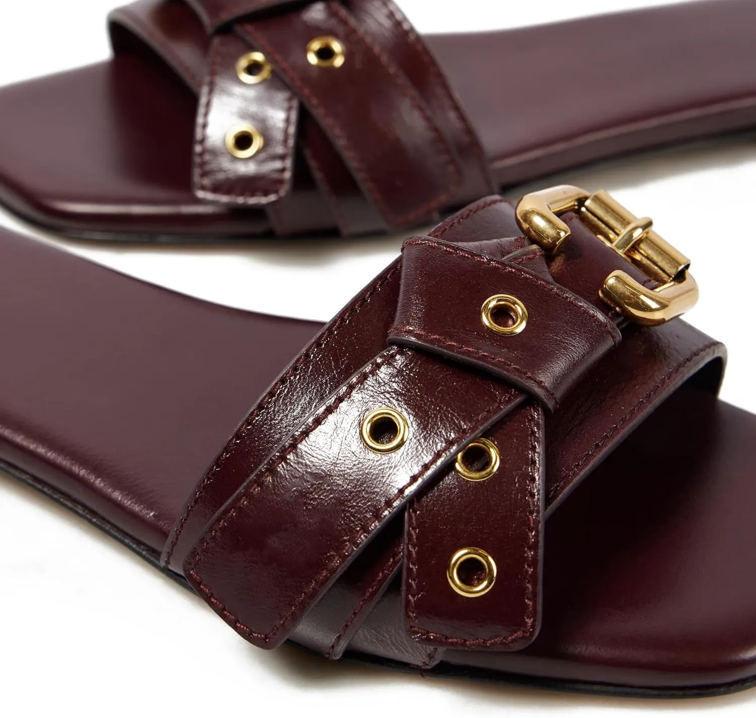Women's Flat Sandals Square Toe Slip On Slippers Comfort Summer Beach Slide Sandals Fashion Wide Metal Buckle Sandal Flats For Women