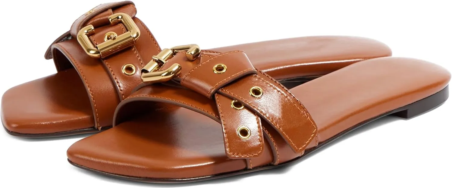 Women's Flat Sandals Square Toe Slip On Slippers Comfort Summer Beach Slide Sandals Fashion Wide Metal Buckle Sandal Flats For Women