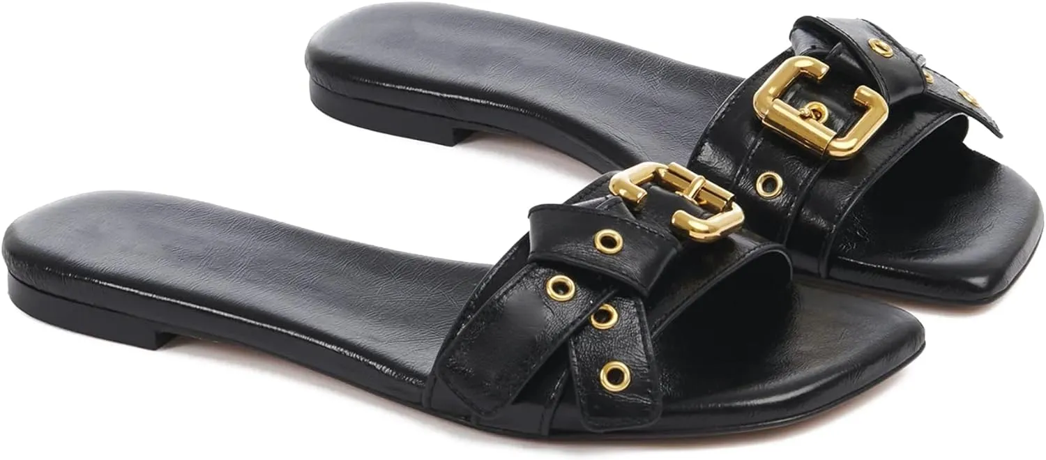 Women's Flat Sandals Square Toe Slip On Slippers Comfort Summer Beach Slide Sandals Fashion Wide Metal Buckle Sandal Flats For Women