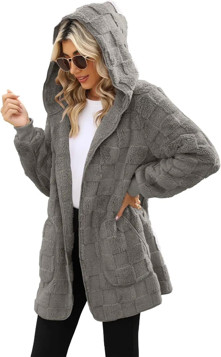 Womens Fleece Jacket Open Front Hooded Cardigan Warm Winter Coat Sherpa Fuzzy Teddy Jacket Outerwear with Pockets