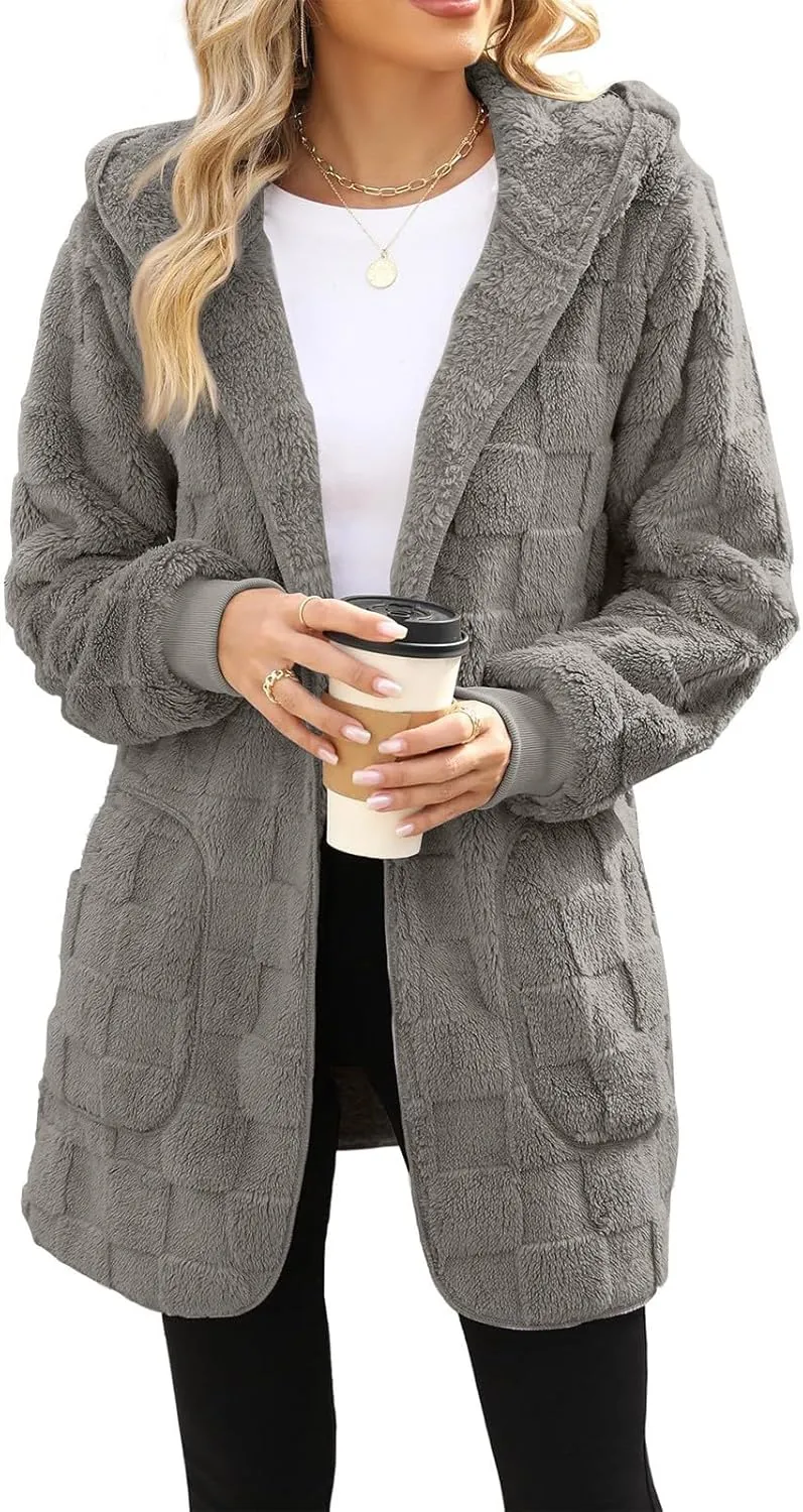 Womens Fleece Jacket Open Front Hooded Cardigan Warm Winter Coat Sherpa Fuzzy Teddy Jacket Outerwear with Pockets