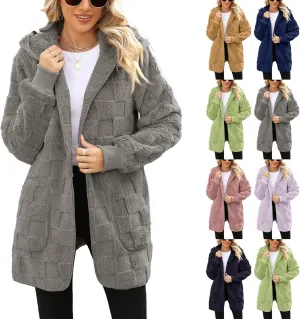 Womens Fleece Jacket Open Front Hooded Cardigan Warm Winter Coat Sherpa Fuzzy Teddy Jacket Outerwear with Pockets