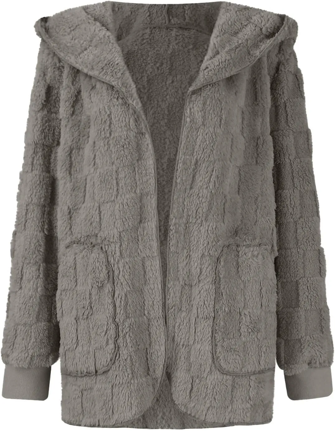 Womens Fleece Jacket Open Front Hooded Cardigan Warm Winter Coat Sherpa Fuzzy Teddy Jacket Outerwear with Pockets