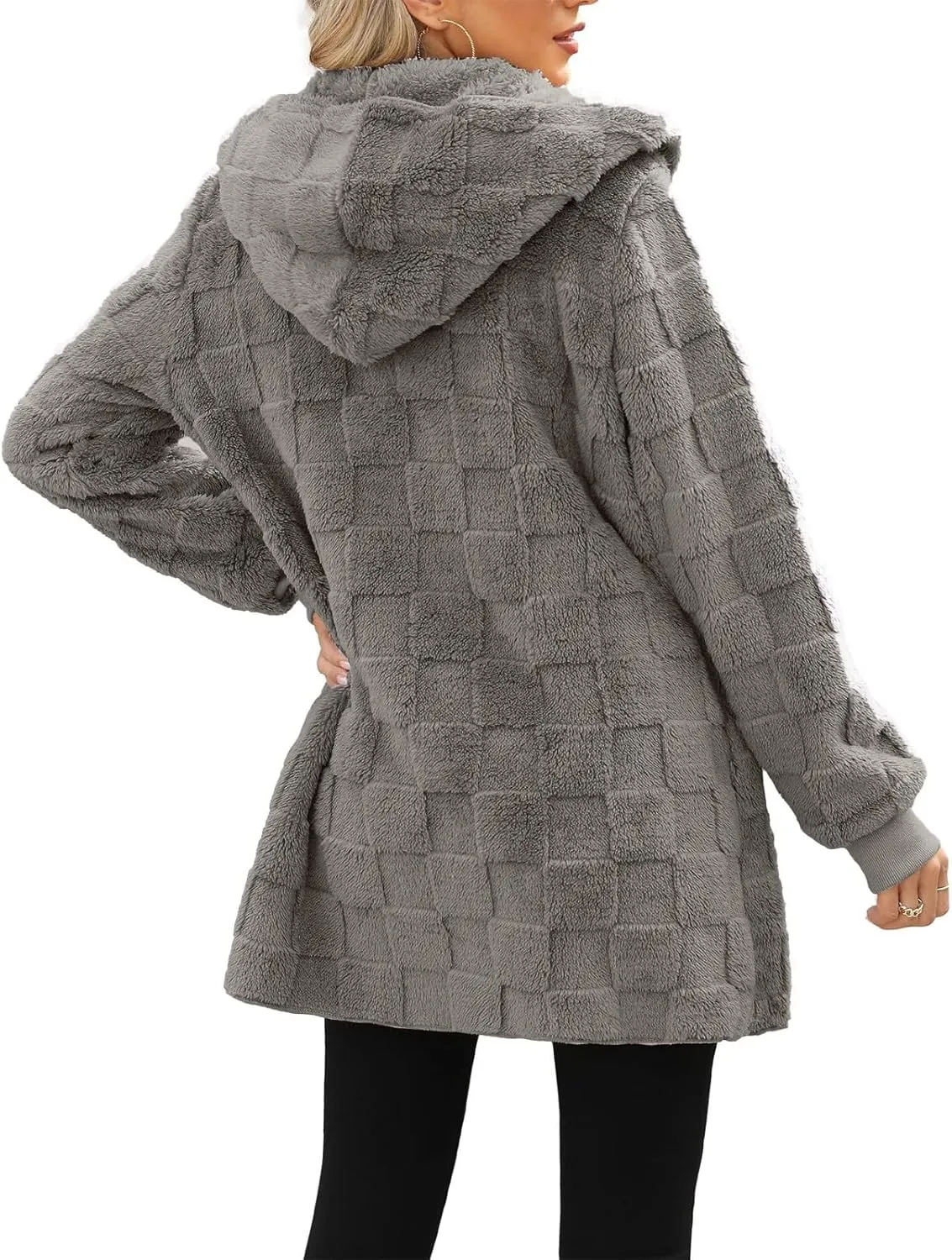 Womens Fleece Jacket Open Front Hooded Cardigan Warm Winter Coat Sherpa Fuzzy Teddy Jacket Outerwear with Pockets