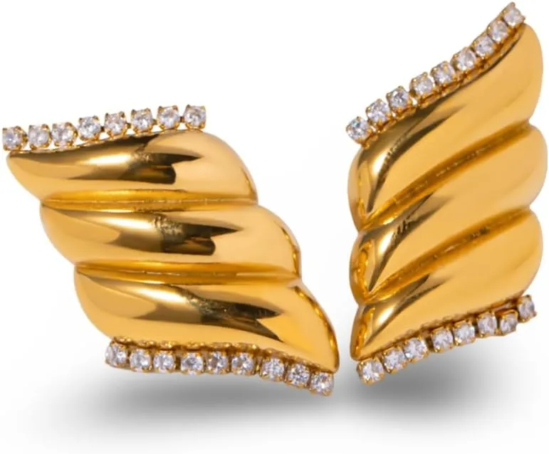 Women's Gold-Plated Stainless Steel Winged Stud Earrings, Ribbed Geometric Design with Zircon Accents