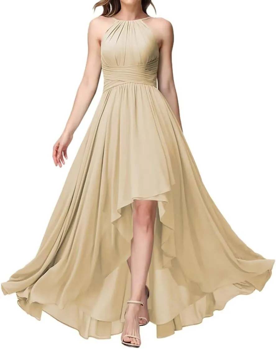 Women's Halter Bridesmaid Dresses Ruched Sleeveless Long Chiffon Bridesmaid Dresses