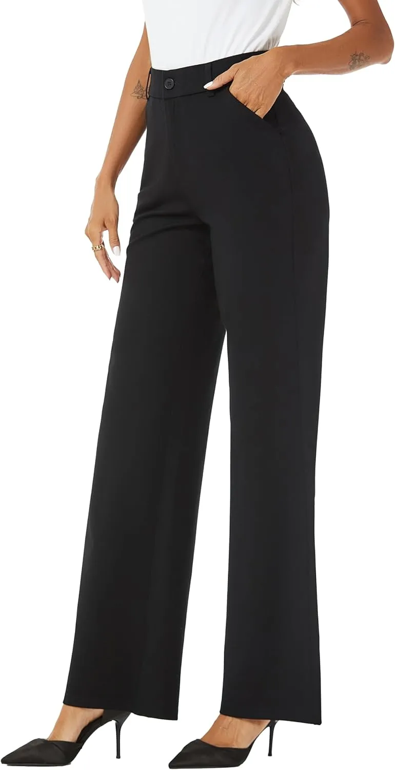 Womens High Waist Wide Straight Leg Trousers Casual Slacks Dress Pants with Pockets
