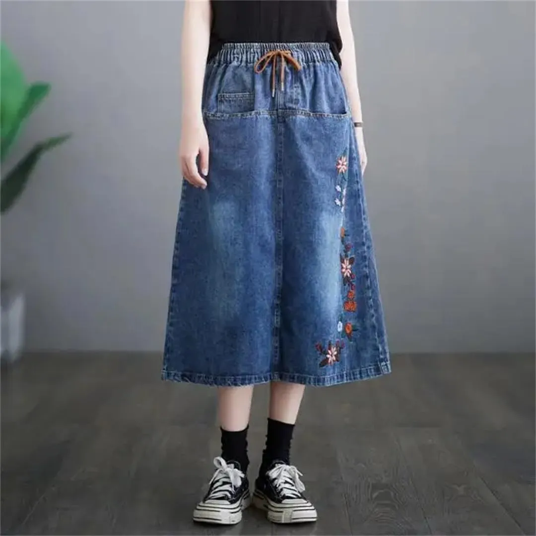 Women's High Waisted Patchwork Skirt Korean Version Loose Fitting Straight Leg Denim Skirt