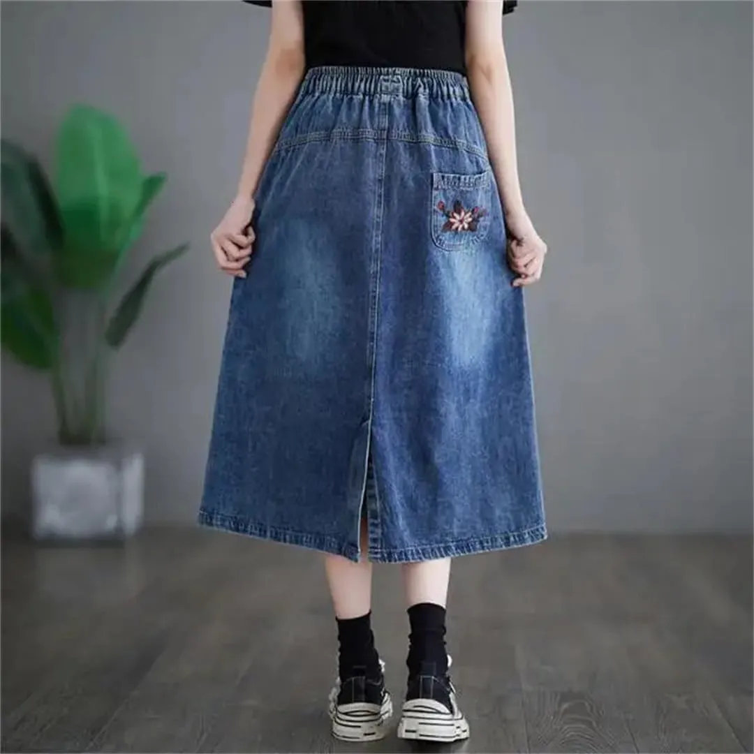 Women's High Waisted Patchwork Skirt Korean Version Loose Fitting Straight Leg Denim Skirt