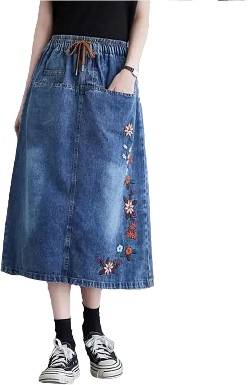 Women's High Waisted Patchwork Skirt Korean Version Loose Fitting Straight Leg Denim Skirt