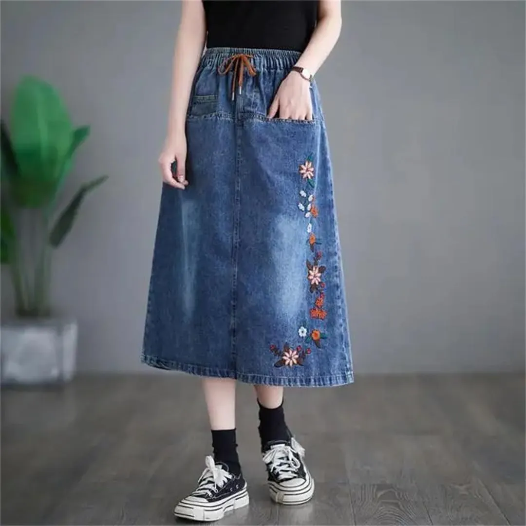 Women's High Waisted Patchwork Skirt Korean Version Loose Fitting Straight Leg Denim Skirt