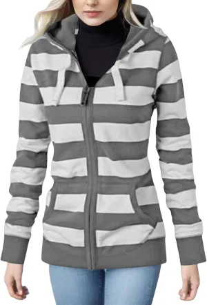 Womens Hooded Sweatshirts Color Block Full Zip Up Jackets Long Sleeve Striped Coats Drawstring Outwear with Pockets
