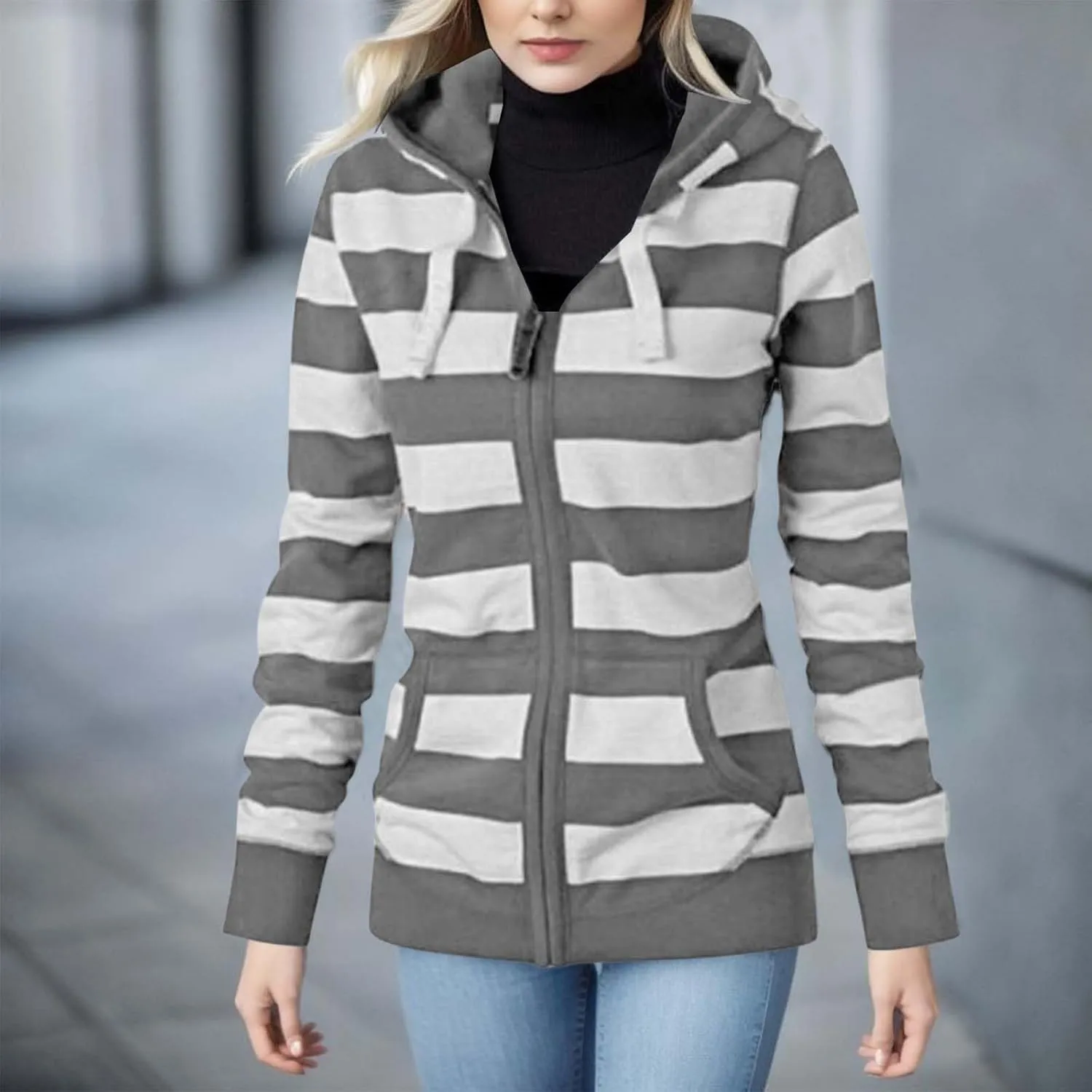 Womens Hooded Sweatshirts Color Block Full Zip Up Jackets Long Sleeve Striped Coats Drawstring Outwear with Pockets
