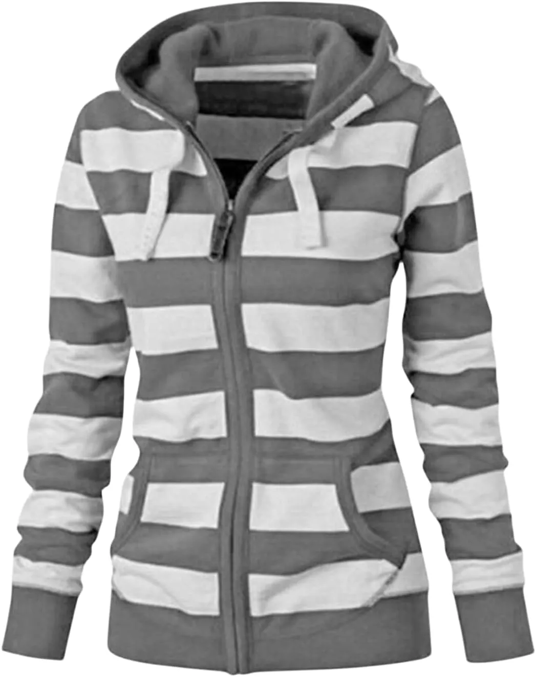 Womens Hooded Sweatshirts Color Block Full Zip Up Jackets Long Sleeve Striped Coats Drawstring Outwear with Pockets