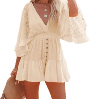 Women's Lace Crochet Romper Dress, Lace Romper for Women, Batwing Sleeve Backless Ruffle Dresses, V Neck Dresses