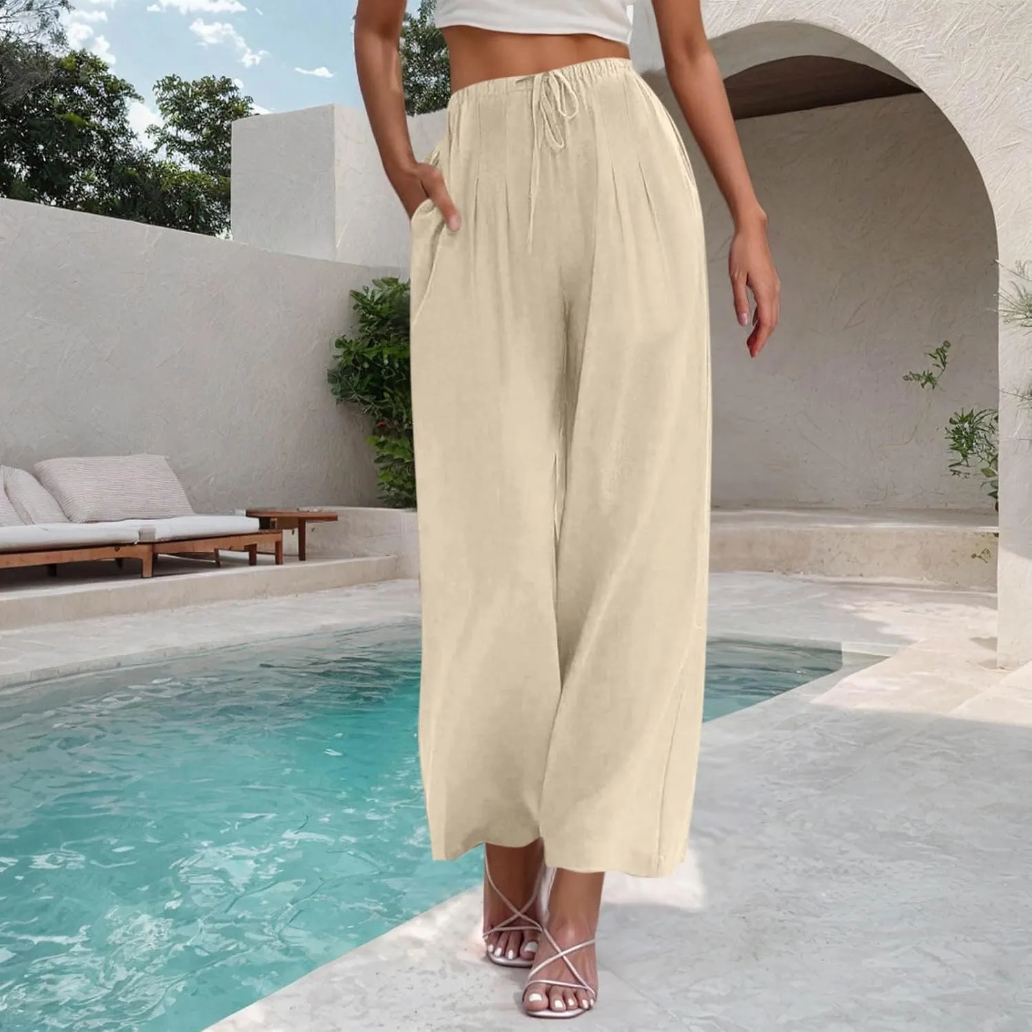 Womens Linen Wide Leg Pants Elastic High Waist Casual Pant Drawstring Loose Flowy Palazzo Trousers with Pockets