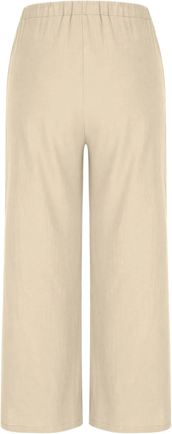 Womens Linen Wide Leg Pants Elastic High Waist Casual Pant Drawstring Loose Flowy Palazzo Trousers with Pockets