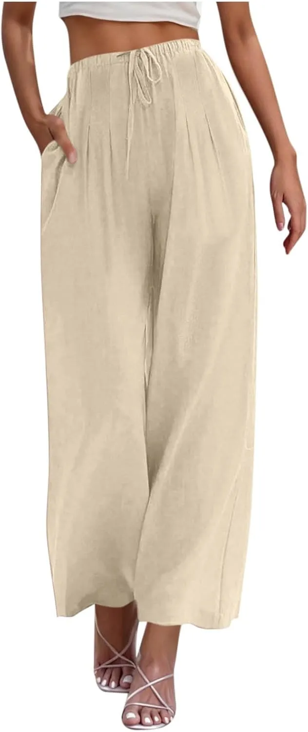 Womens Linen Wide Leg Pants Elastic High Waist Casual Pant Drawstring Loose Flowy Palazzo Trousers with Pockets