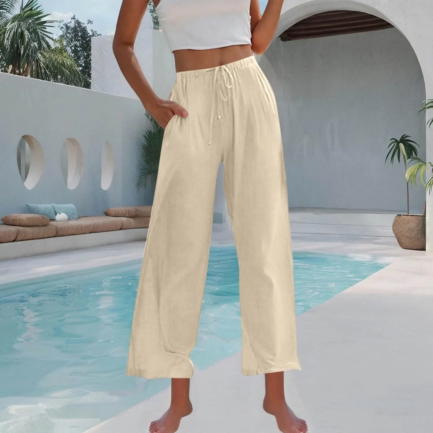 Womens Linen Wide Leg Pants Elastic High Waist Casual Pant Drawstring Loose Flowy Palazzo Trousers with Pockets
