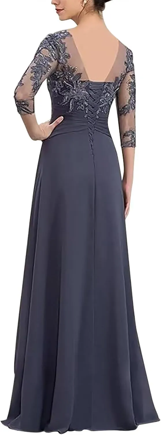 Womens Long Lace Mother of The Bride Dresses for Wedding 3/4 Sleeve Chiffon Formal Evening Dress
