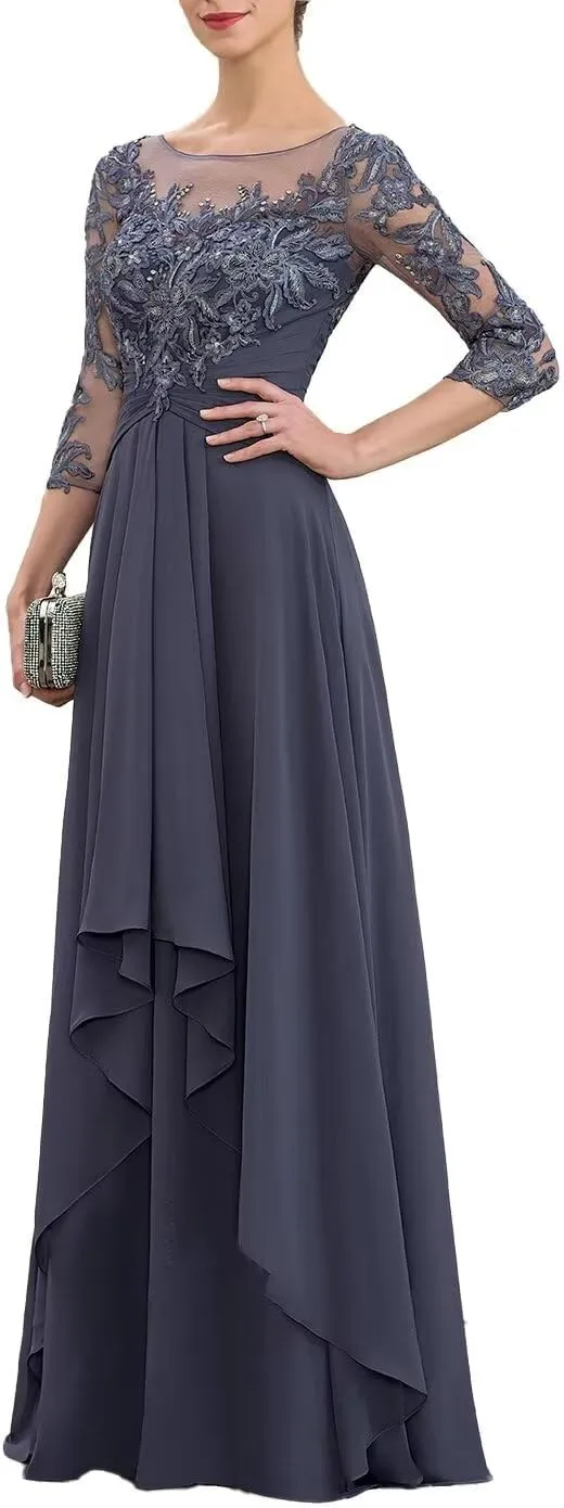 Womens Long Lace Mother of The Bride Dresses for Wedding 3/4 Sleeve Chiffon Formal Evening Dress