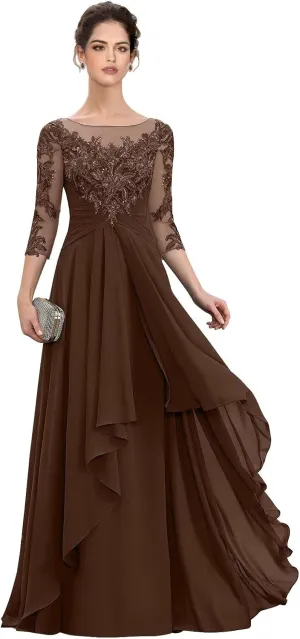 Womens Long Lace Mother of The Bride Dresses for Wedding 3/4 Sleeve Chiffon Formal Evening Dress