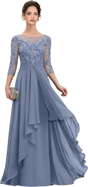 Womens Long Lace Mother of The Bride Dresses for Wedding 3/4 Sleeve Chiffon Formal Evening Dress
