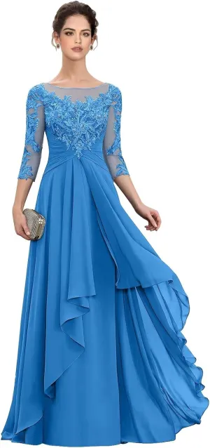 Womens Long Lace Mother of The Bride Dresses for Wedding 3/4 Sleeve Chiffon Formal Evening Dress