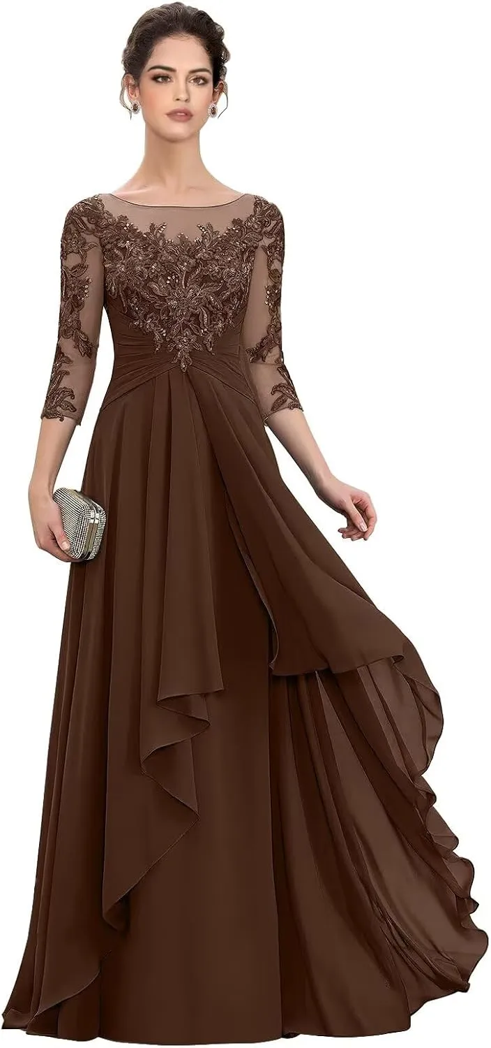 Womens Long Lace Mother of The Bride Dresses for Wedding 3/4 Sleeve Chiffon Formal Evening Dress
