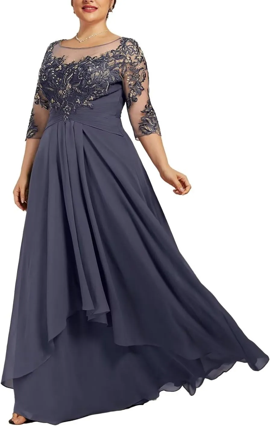 Womens Long Lace Mother of The Bride Dresses for Wedding 3/4 Sleeve Chiffon Formal Evening Dress