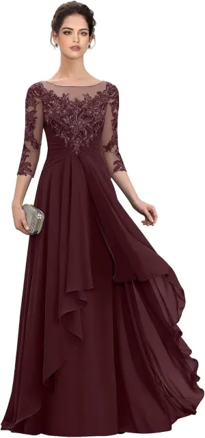 Womens Long Lace Mother of The Bride Dresses for Wedding 3/4 Sleeve Chiffon Formal Evening Dress