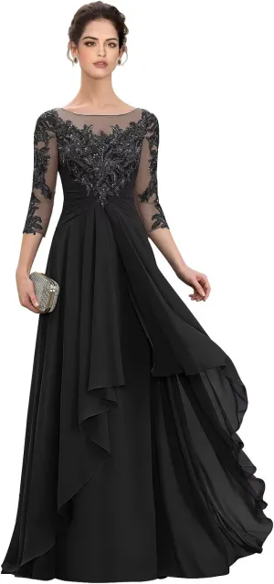Womens Long Lace Mother of The Bride Dresses for Wedding 3/4 Sleeve Chiffon Formal Evening Dress
