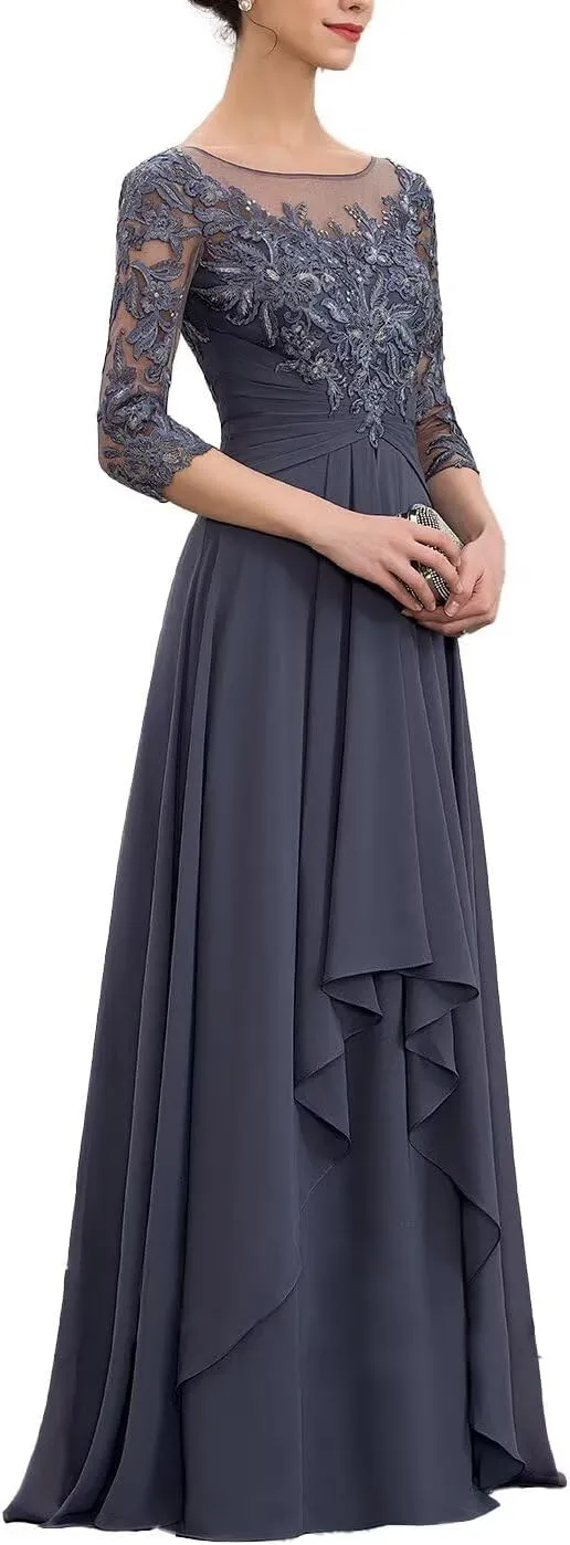 Womens Long Lace Mother of The Bride Dresses for Wedding 3/4 Sleeve Chiffon Formal Evening Dress